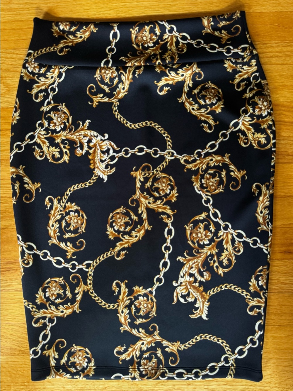 Thalia Sodi Black Pencil Skirt with Gold Chain & Baroque Print
